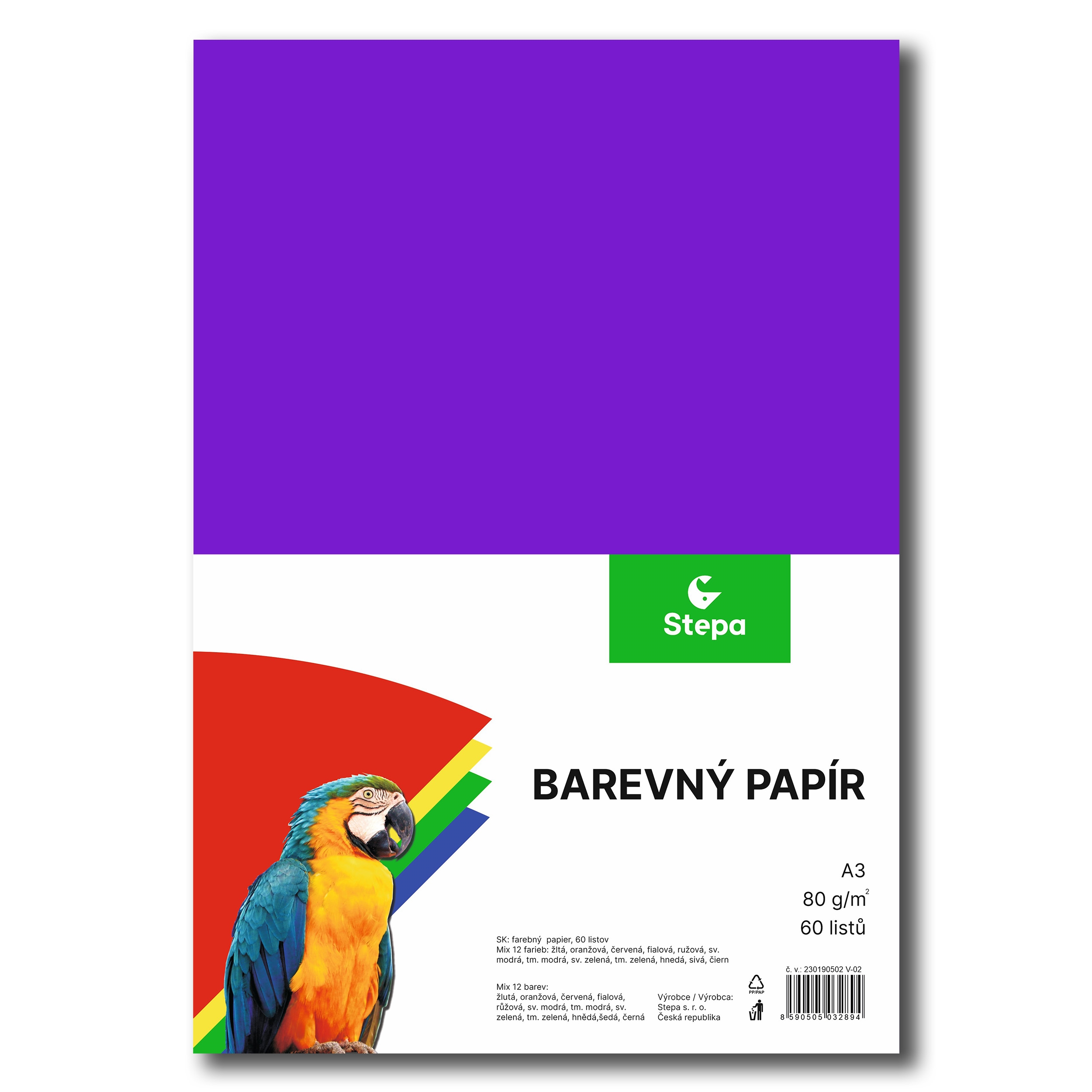 Barevný papír A3, 80g, mix 12 barev, 60 listů