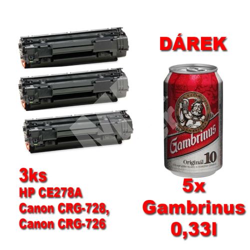 3ks kompatibilní toner HP CE278A, CRG-728, CRG-726, black, MP print + 5x pivo 0,33l 1