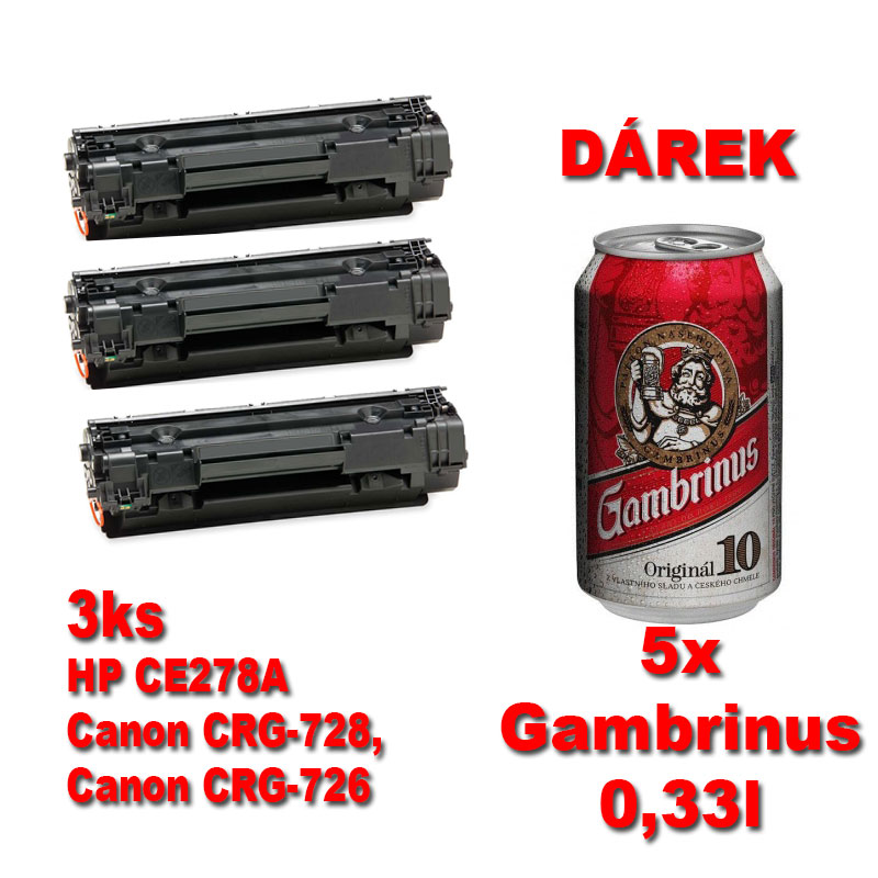 3ks kompatibilní toner HP CE285A, CRG-725, CB435A, CB436A, black, MP print + 5x pivo 0,33l