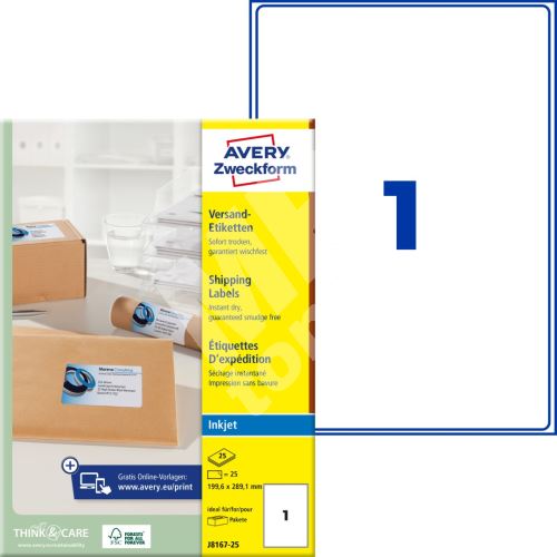 Etikety na balíky 199,6 x 289,1 mm, 25 listů A4 Inkjet J8167-25 1