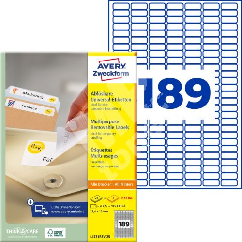 Snímatelné etikety AVERY Stick&Lift 25,4x10 mm A4 - L4731REV-25 1