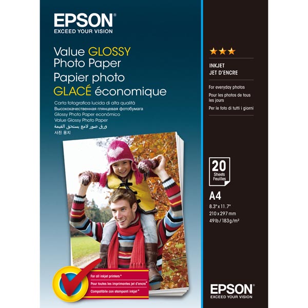 Epson Value Glossy Photo Paper, foto papír, lesklý, bílý, A4, 183 g/m2, 20 ks