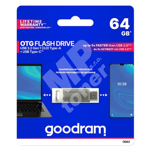 64GB Goodram ODA3, USB flash disk 3.0, USB + USB-C, stříbrný 1