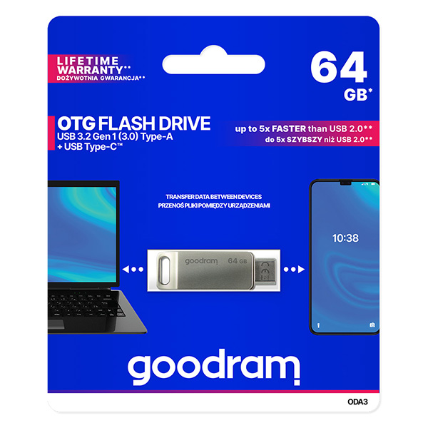64GB Goodram ODA3, USB flash disk 3.0, USB + USB-C, stříbrný