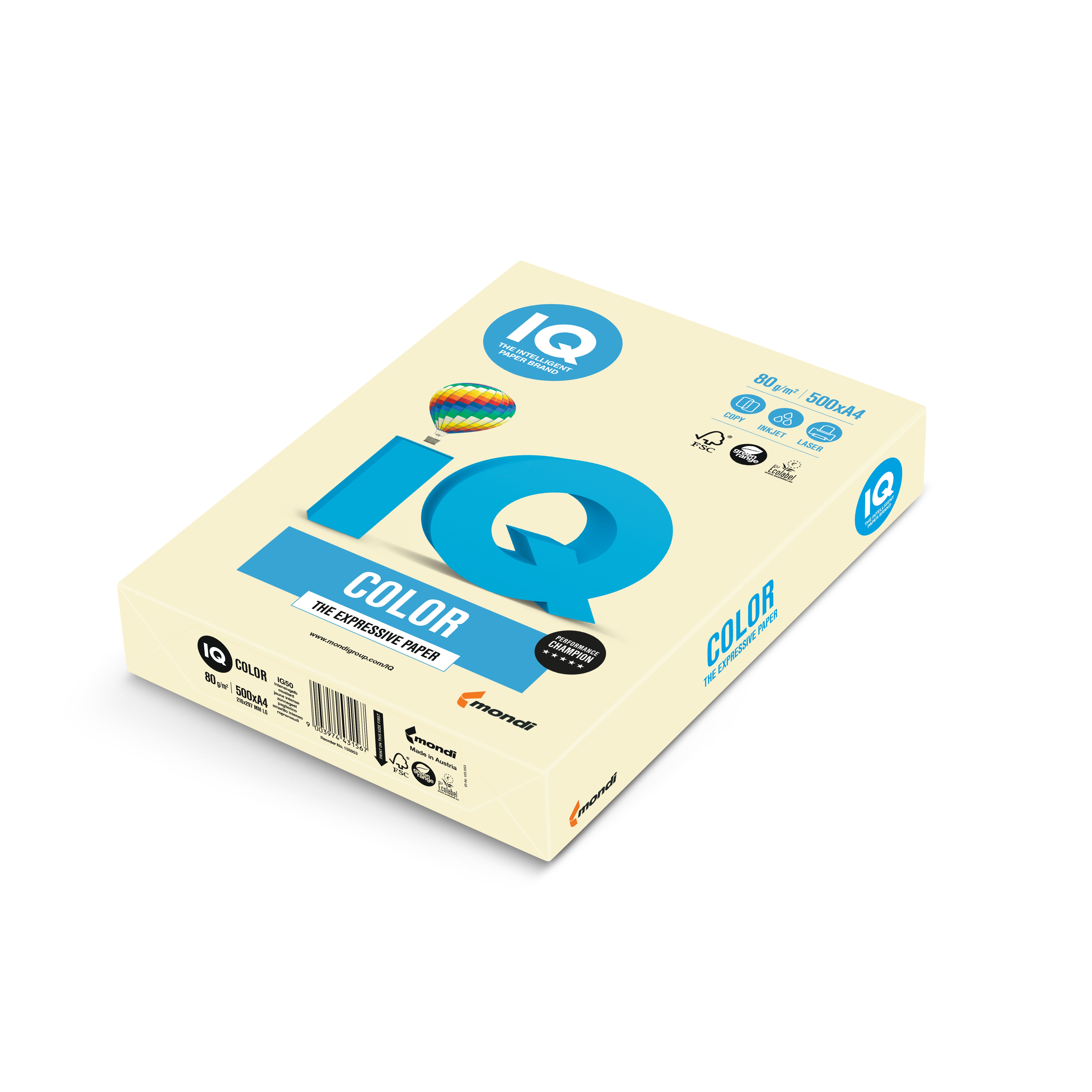 Barevný papír IQ BE66, A4 160g pastelová vanilková 1bal/250 listů