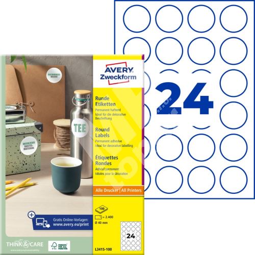 Kulaté etikety průměr 40 mm, 100 listů A4 L3415-100 1