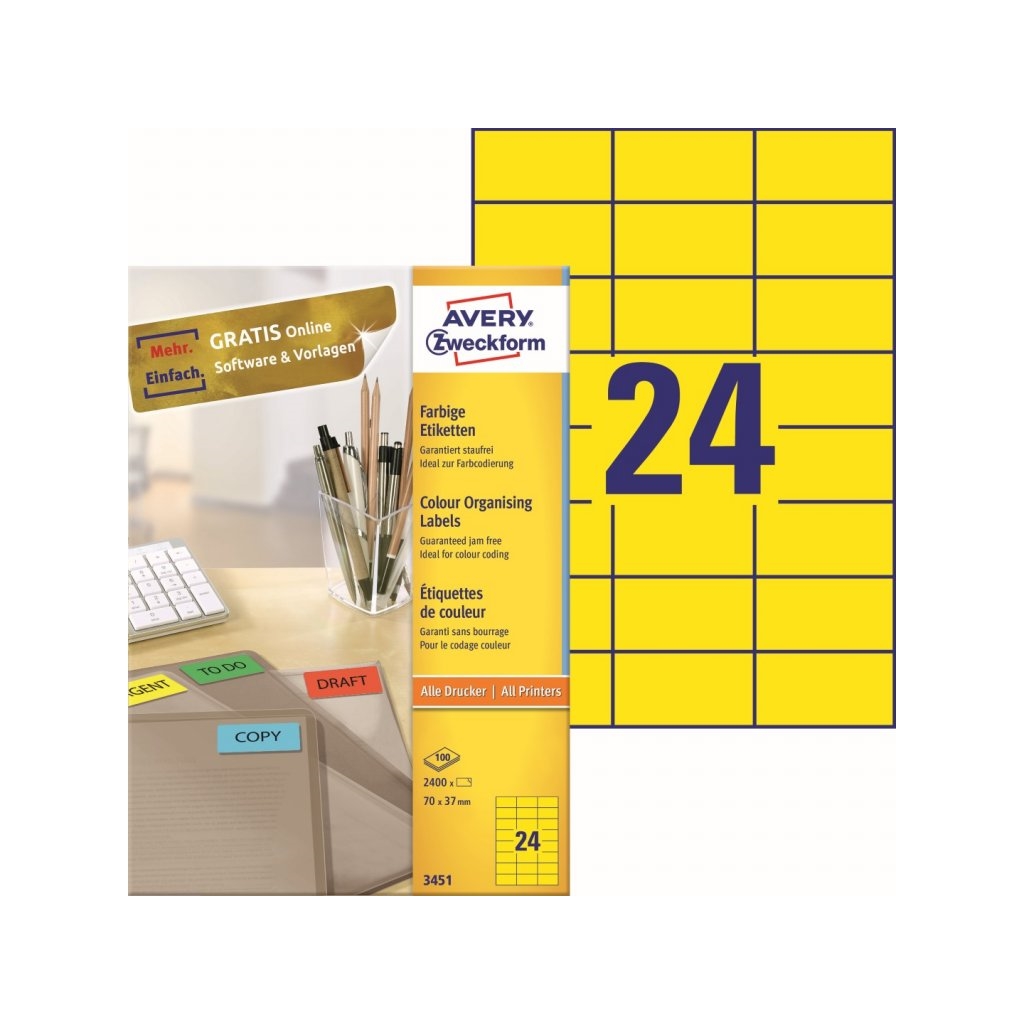 Barevné etikety univerzální AVERY 70 x 37 mm 100 listů A4 žluté - 3451