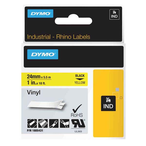 Páska Dymo Rhino 24mm x 5,5m, černý tisk/žlutý podklad, 1805430, vinylová profi