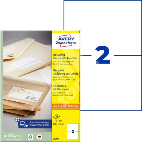 Univerzální etikety recyklované AVERY 210x148 mm 100 listů A4 - LR3655 1