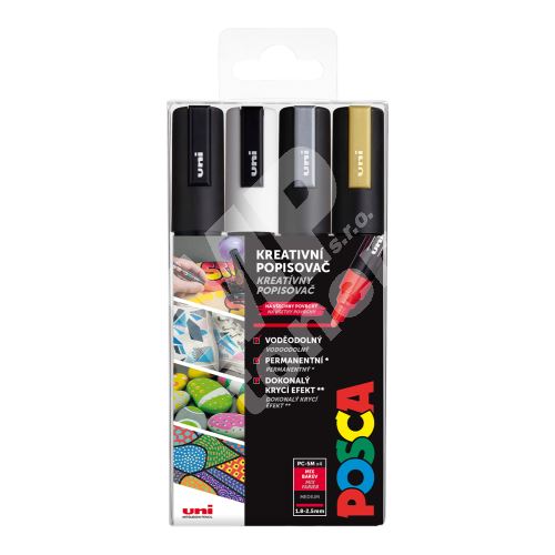 Uni Posca sada akrylových popisovačů PC-5M, 4 ks, černá, bílá, zlatá, stříbrná 1