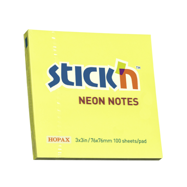 Samolepící bloček Stick'n 76x76mm, neon žlutá, 100 lístků