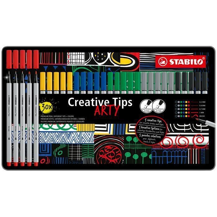 Linery Stabilo 89 Creative Tips ARTY, plechová krabička, 6 barev, 5 šířek stopy
