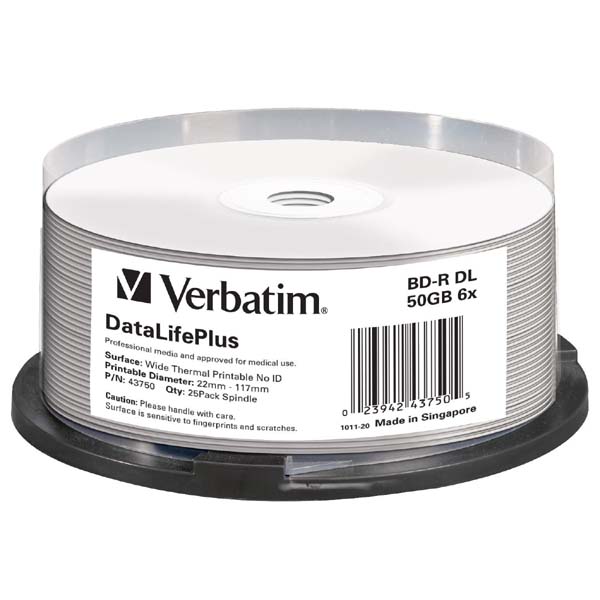 50GB Verbatim BD-R DL, DataLifePlus, Wide Thermal Printable, 43750, 6x, 25-pack