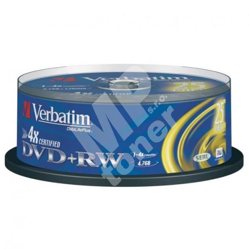 Verbatim DVD+RW, DataLife PLUS, 4,7 GB, Scratch Resistant, cake box, 43489, 4x, 1