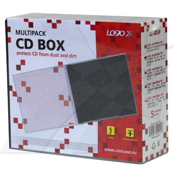 Box na 1ks CD, 10,4mm, průhledný, černý tray, 5-pack, Logo