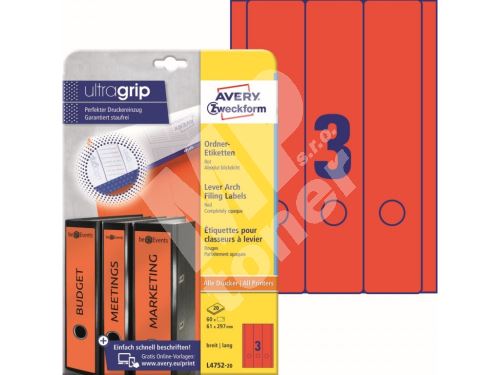 Barevné etikety na pořadače Ultragrip 61 x 297 mm, 20 listů A4, červená L4752-20 1