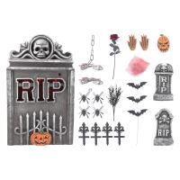 Náhrobní kámen 33x55 cm + halloweenská dekorace s LED světlem, sada Náhrobní kámen 33x55 cm + halloweenská dekorace s LED světlem, sada