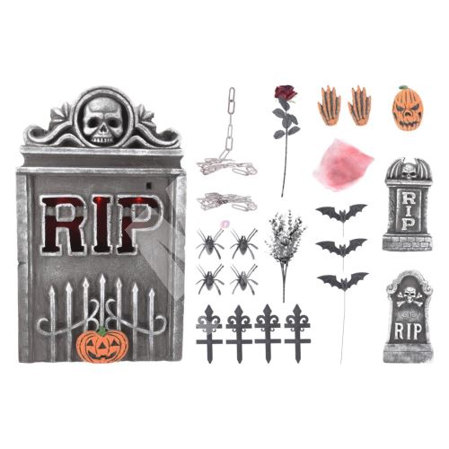 Náhrobní kámen 33x55 cm + halloweenská dekorace s LED světlem, sada 1