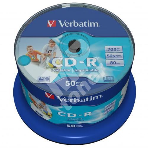 Verbatim CD-R, Wide Inkjet Printable, 700 MB, cake box, 43438, 52x, 50-pack 1