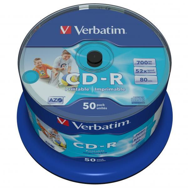 Verbatim CD-R, Wide Inkjet Printable, 700 MB, cake box, 43438, 52x, 50-pack