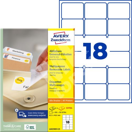 Snímatelné etikety AVERY Stick&Lift 63,5x46,6 mm A4 - L6025REV-25 1