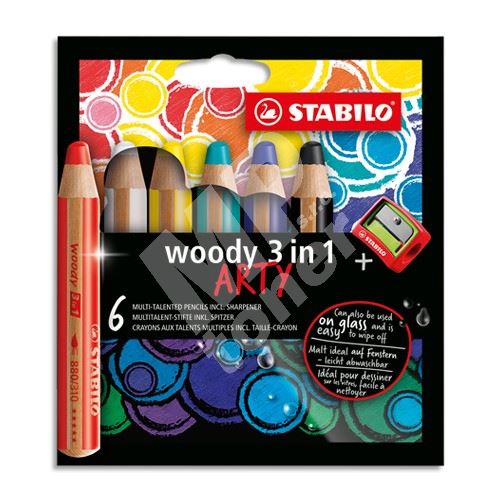 STABILO woody pastelky 3 v 1 ARTY- barvička, vodovka, voskovka - 6 ks + ořezávátko 1