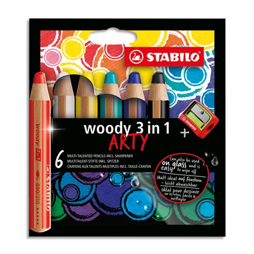 Pastelky STABILO woody 3 v 1 ARTY- barvička, vodovka, voskovka - 6 ks + ořezávátko
