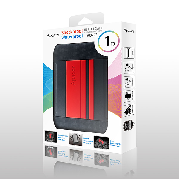 1TB Apacer AC633, Externí HDD 2.5" USB 3.0, odolný, červený