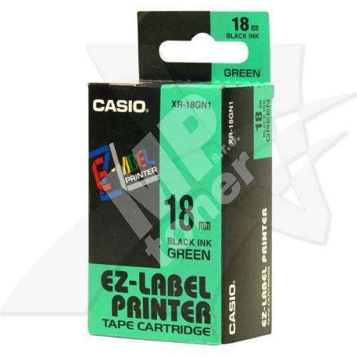 Páska Casio XR-18GN1 18mm černý tisk/zelený podklad 1