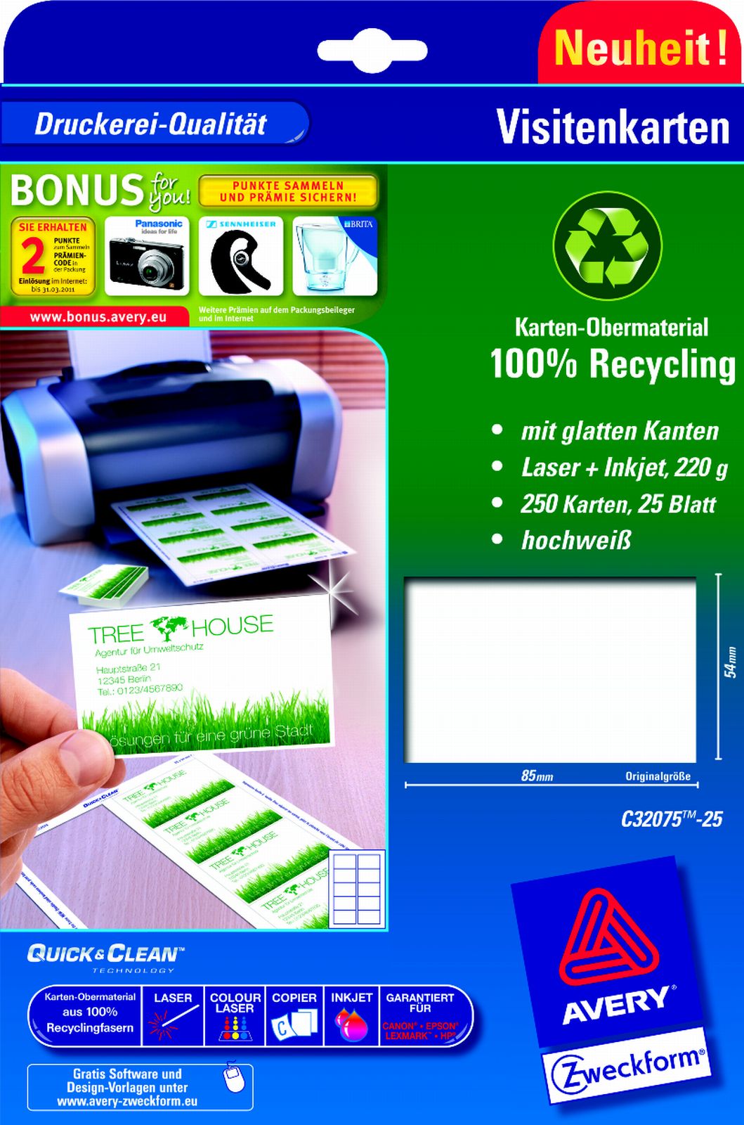 Vizitky recyklovatelné, jasně bílé pro inkjet i laserjet - C32075-25