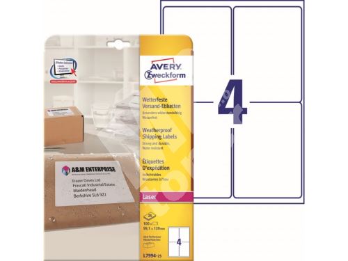 Avery Zweckform etikety 99.1mm x 139mm, A4, bílé, 1 etiketa, voděodolné, baleno po 25 1