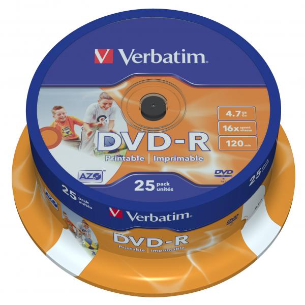 Verbatim DVD-R, DataLife PLUS, 4,7 GB, Wide Printable, cake box, 43538, 16x, 25-pack