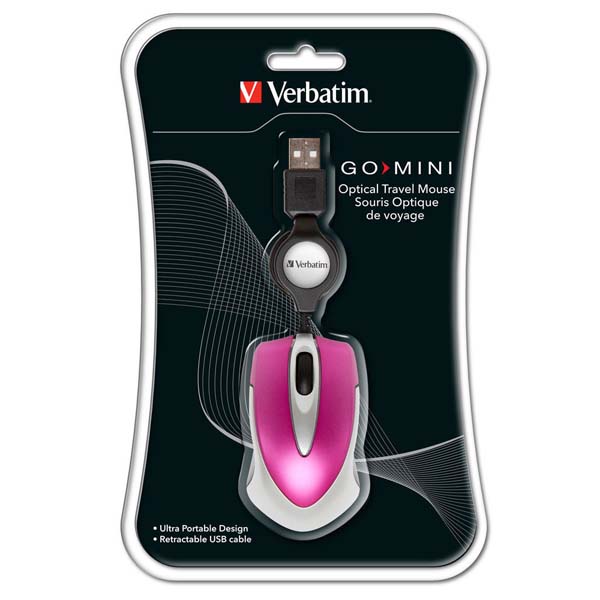 Myš Verbatim optická, cestovní, 1 kolečko, USB, růžová, 1000dpi