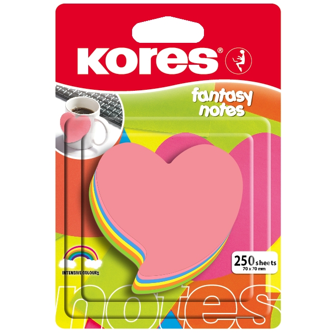 Neonové bločky Kores Heart 70x70mm, tvar srdce, mix 5 barev, 250 lístků