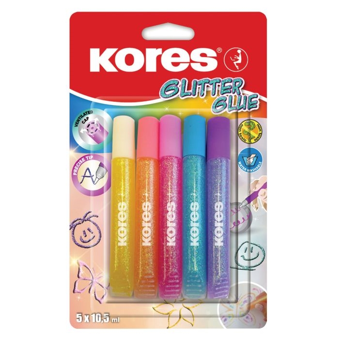 Lepidlo Kores Glitter Glue, se třpytkami, 5 x 10,5 ml, pastelové barvy