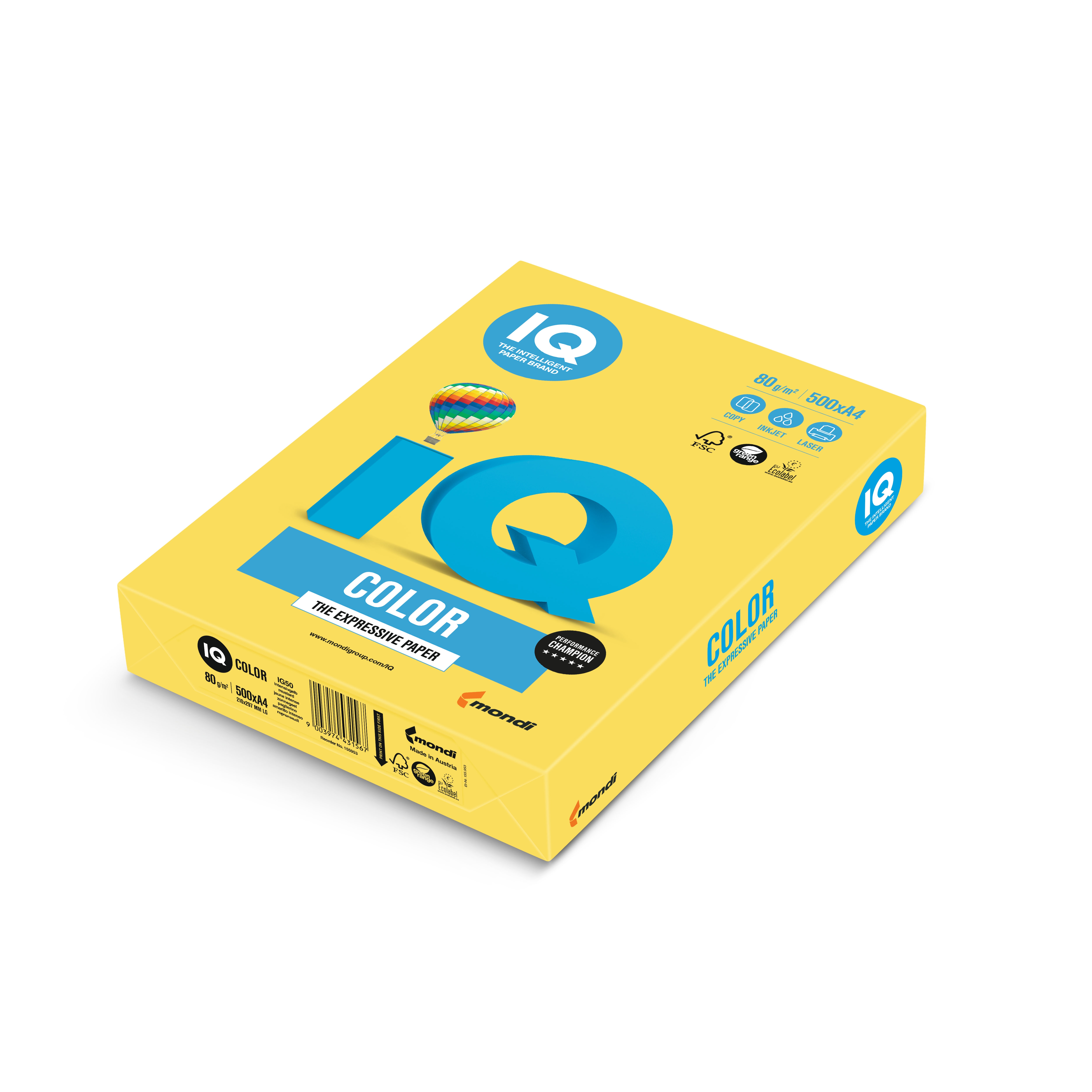 Barevný papír IQ CY39, A4 120g intenzivní kanárkově žlutá 1bal/250 listů