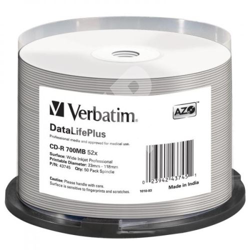 Verbatim CD-R, DataLifePlus, 700MB, Wide Inkjet, cake, 43745, 52x, 50-pack 1