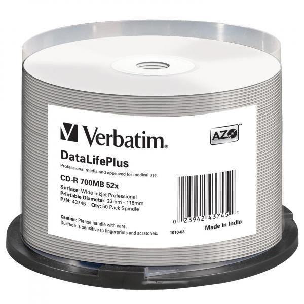 Verbatim CD-R, DataLifePlus, 700MB, Wide Inkjet Professional, SPINDLE, 43745, 52x, 50-pack