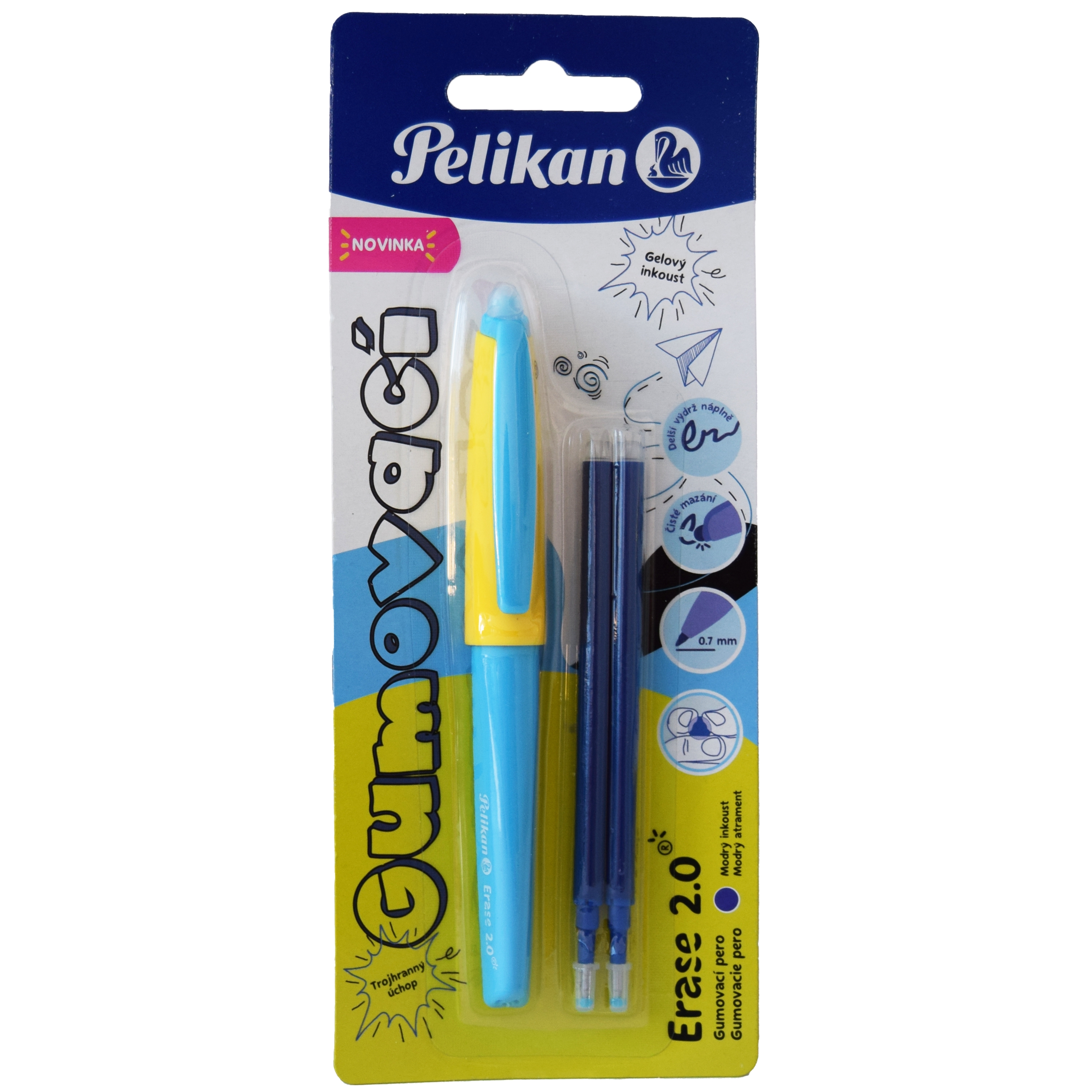 Gumovací pero Pelikan, žluto modré,1 ks+2 náplně