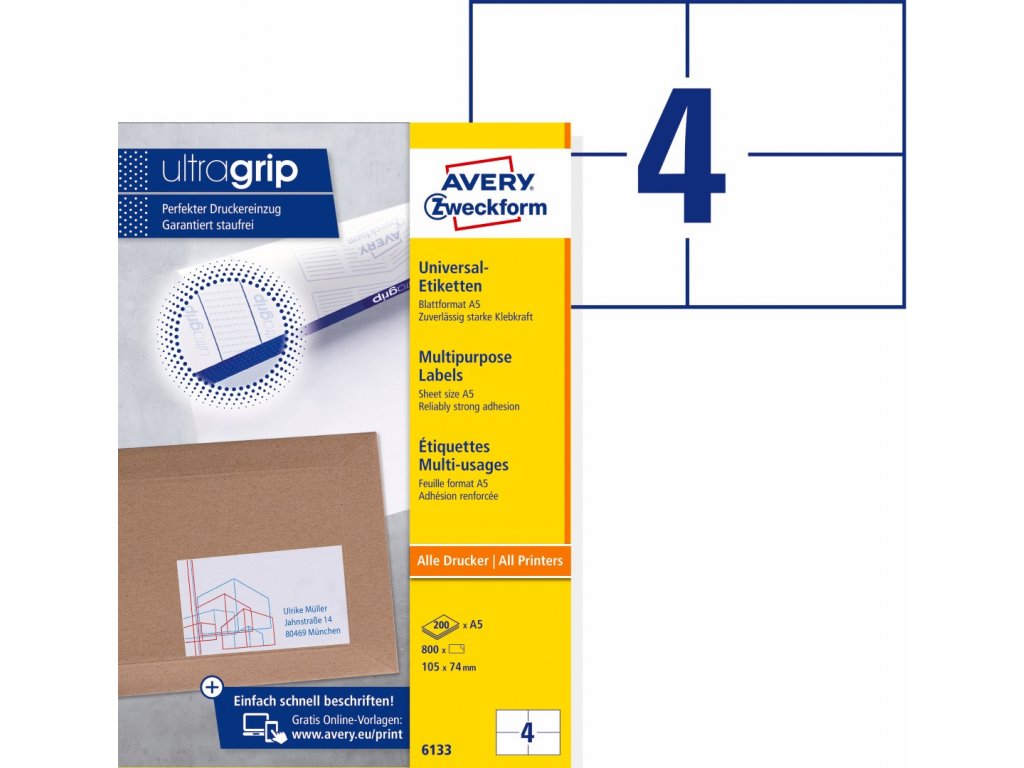 Samolepící etikety Ultragrip 105 x 74 mm 200 listů A5 6133