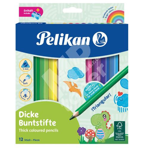 Pastelky Pelikan 12 barev, trojhranné, s ořezávátkem 1