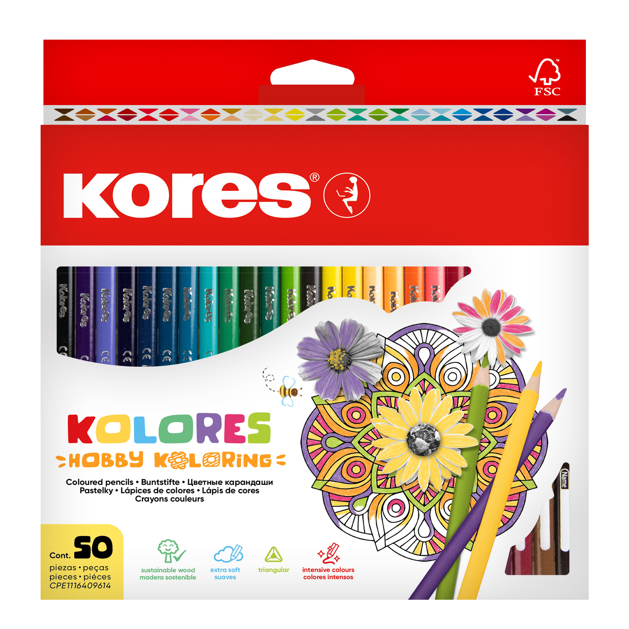 Trojhranné pastelky Kores Mandalas pro antistresové omalovánky, 3 mm / 50 barev