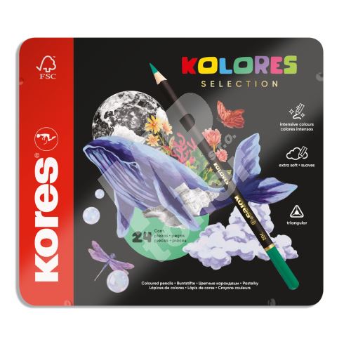 Pastelky Kores Kolores Selection, trojhranné 3mm, plechový box, 24 barev 1