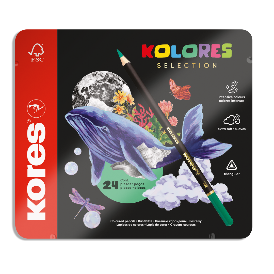 Pastelky Kores Kolores Selection, trojhranné 3mm, plechový box, 24 barev