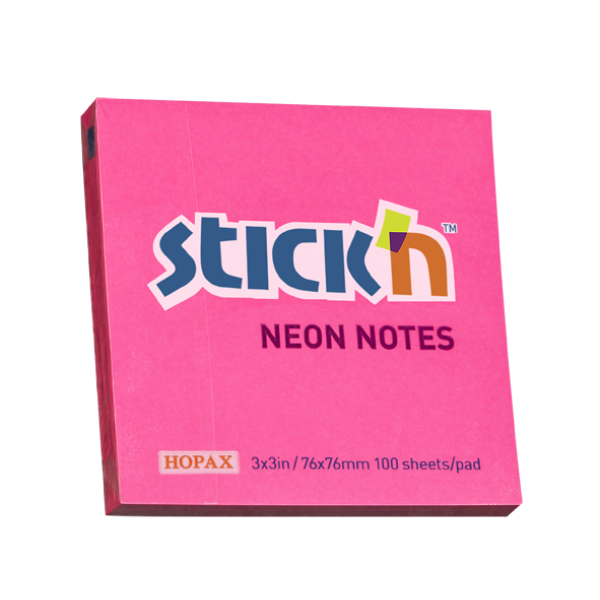 Samolepící bloček Stick'n 76x76mm, neon růžová, 100 lístků