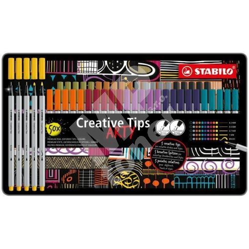 Linery Stabilo 89 Creative Tips ARTY, plechová krabička 10 barev, 5 šířek stopy 1
