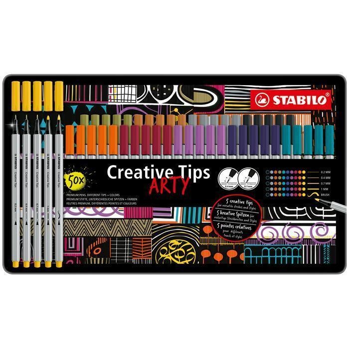 Linery Stabilo 89 Creative Tips ARTY, plechová krabička 10 barev, 5 šířek stopy