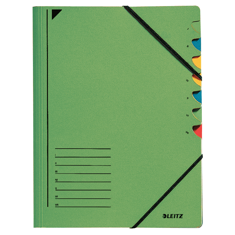 Třídící desky Leitz s gumičkou, 7 přihrádkové, zelené