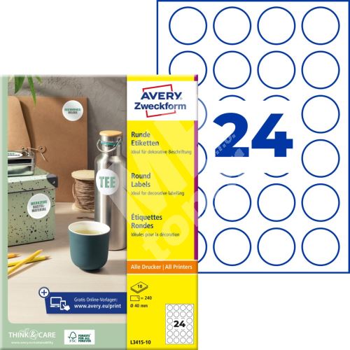 Kulaté etikety průměr 40 mm, 10 listů A4 L3415-10 1