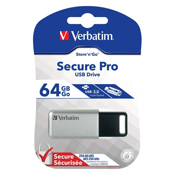 64GB Verbatim Store'n'Go Secure Pro, USB flash disk 3.0, 98666, stříbrný